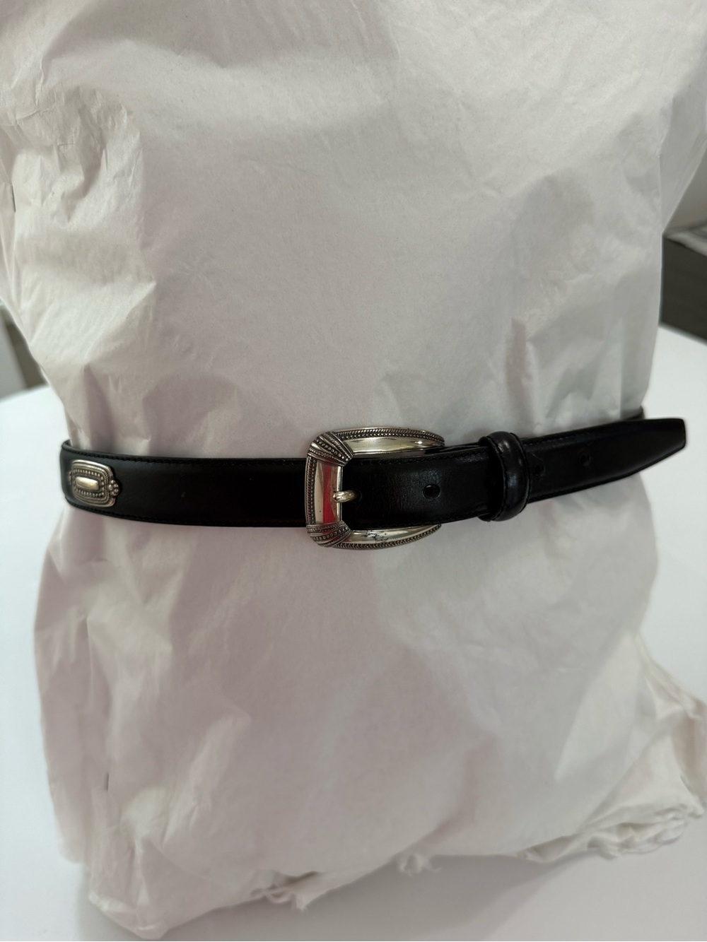 Fossil Black Leather Belt with Decorative Silver Buckle